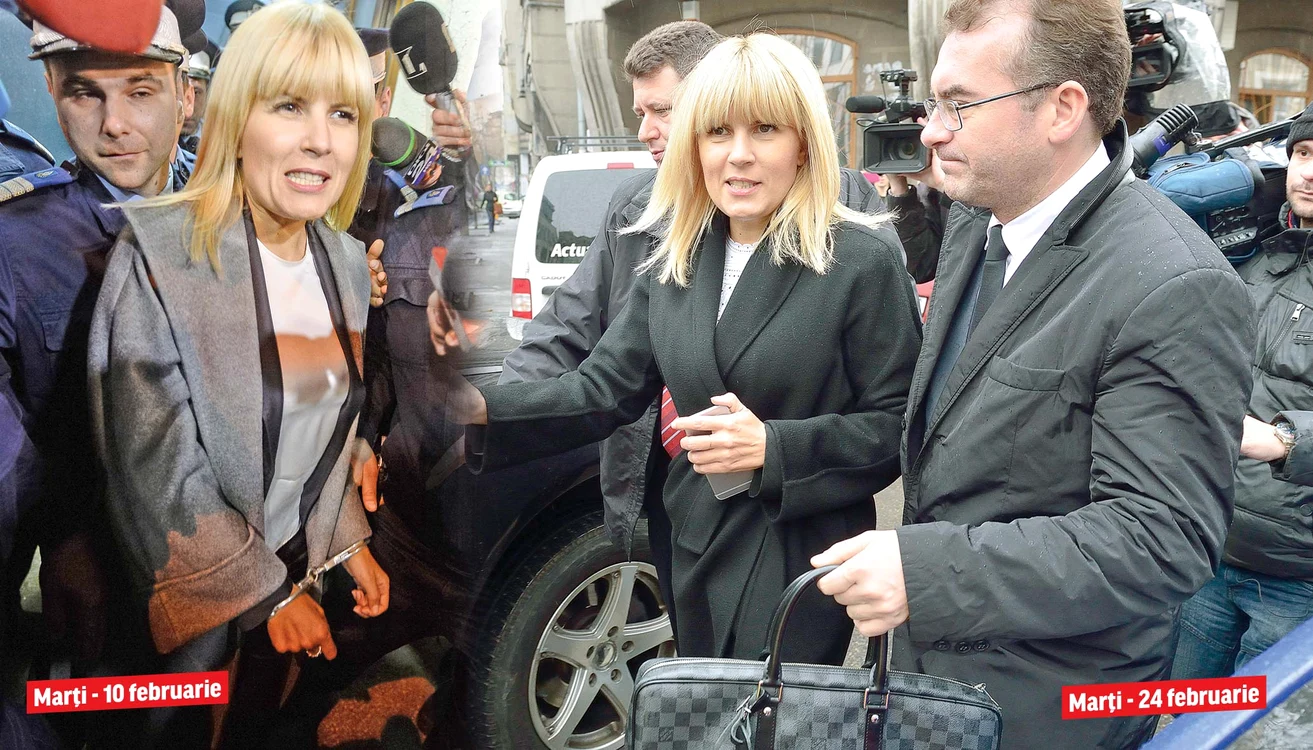 Foto stânga- Elena Udrea părăseşte sediul DNA încătuşată. Foto dreapta - Fostul ministru iese liniştită dela întâlnirea cu procurorii şi se duce acasăFoto: Mediafax