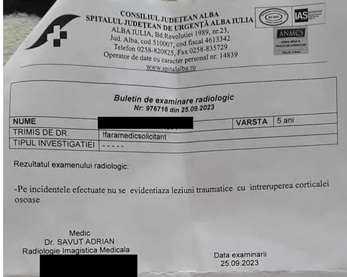 Document eliberat la spitalul din Alba Iulia