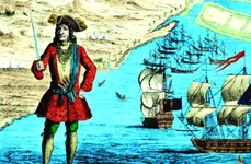 Portret de pirat: Bartholomew Roberts   costum purpuriu din damasc, lanţ din aur şi cruce cu diamante jpeg