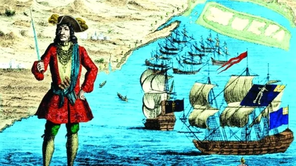 Portret de pirat: Bartholomew Roberts costum purpuriu din damasc, lanţ din aur şi cruce cu diamante jpeg