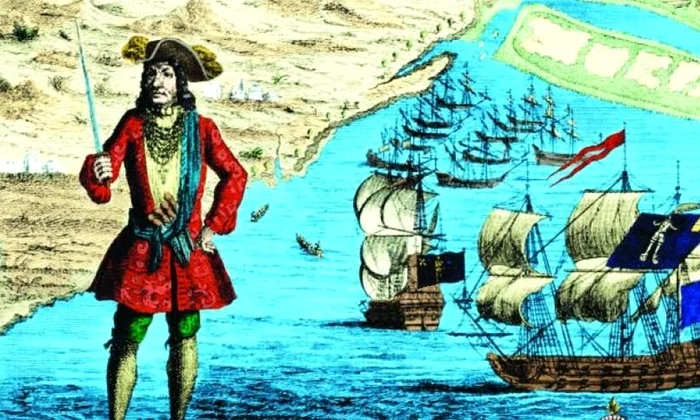 Portret de pirat: Bartholomew Roberts   costum purpuriu din damasc, lanţ din aur şi cruce cu diamante jpeg