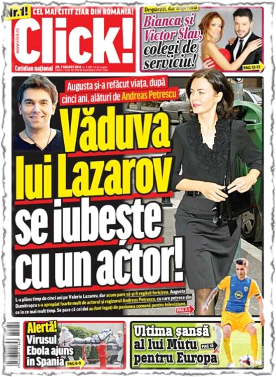 Săptămâna trecută, Click! v-a dezvăluit că Augusta Lazarov se iubeşte cu actorul şi scriitorul Andreas Petrescu. Relaţia vine la cinci ani de moartea lui Valeriu Lazarov, care s-a stins în 2009, la 74 de ani
