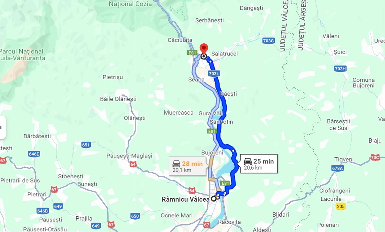 Drumurile dintre Râmnicu Vâlcea și Călimănești respectiv Defileul Oltului: DN7 și DJ 703L/F