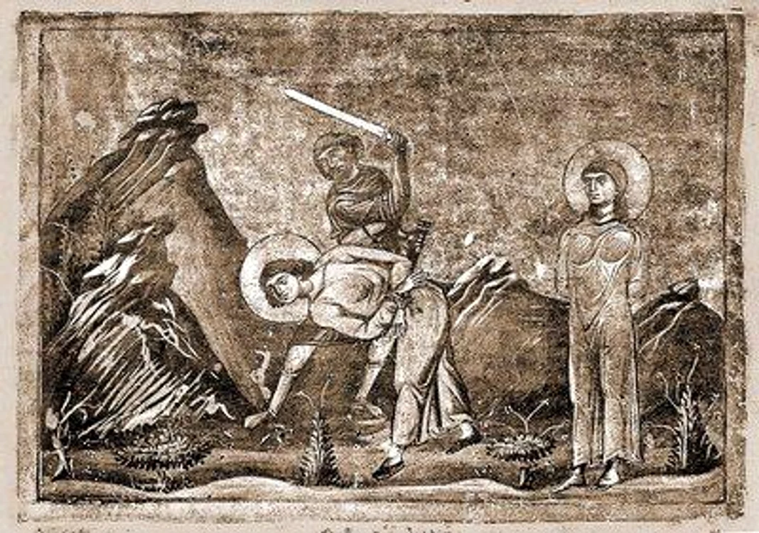
    Martiriul Sfinților Mucenici Evlampie și Evlampiaminiatură din Menologhionul lui Vasile al II-lea Macedoneanul. 976-1025 (Vat. GR 1613.. P. 103)  