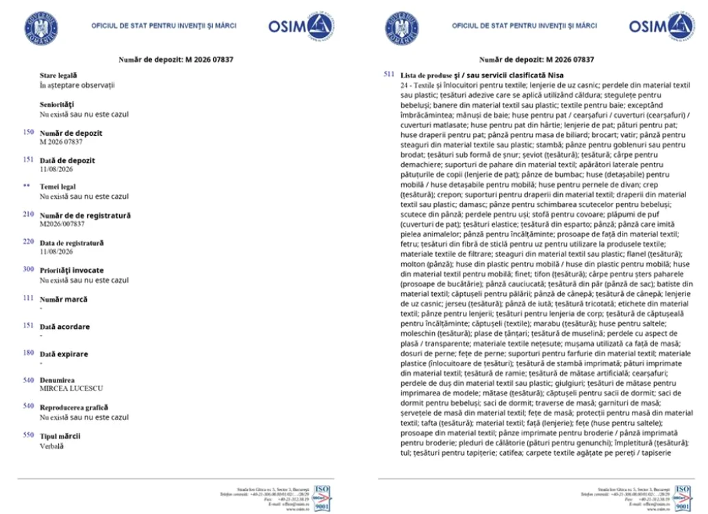 Primele două pagini ale cererii depuse de Răzvan Lucescu la OSIM