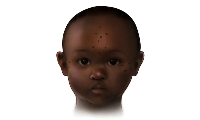 Reconstituirea unui tatuaj de pe fruntea unei fetițe de 3 ani din Kulubnarti (© Mary Nguyen / University of Missouri–St. Louis)