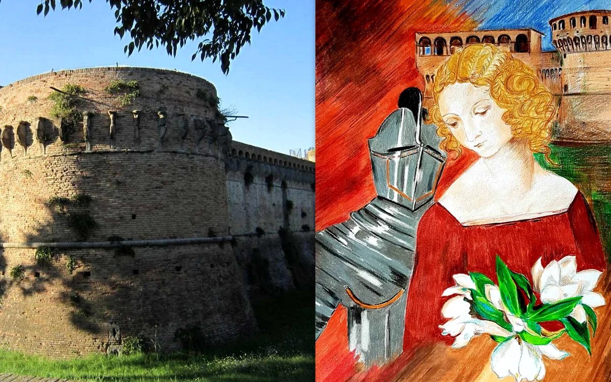 Caterina Sforza (gravură) și castelul ei. Foto: caterinasforza.it