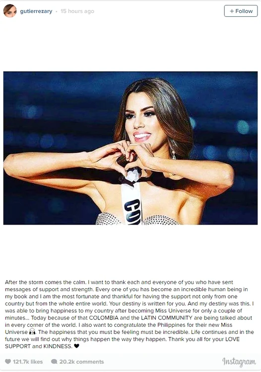 Mesajul publicat de Miss Columbia