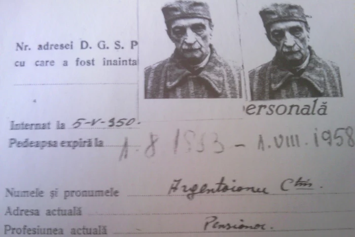 Fişa personală a deţinutului politic C.Argetoianu. Sursa: Stelian Neagoe,"Constantin Argetoianu.Politică şi destin", 2012, Editura Machiavelli