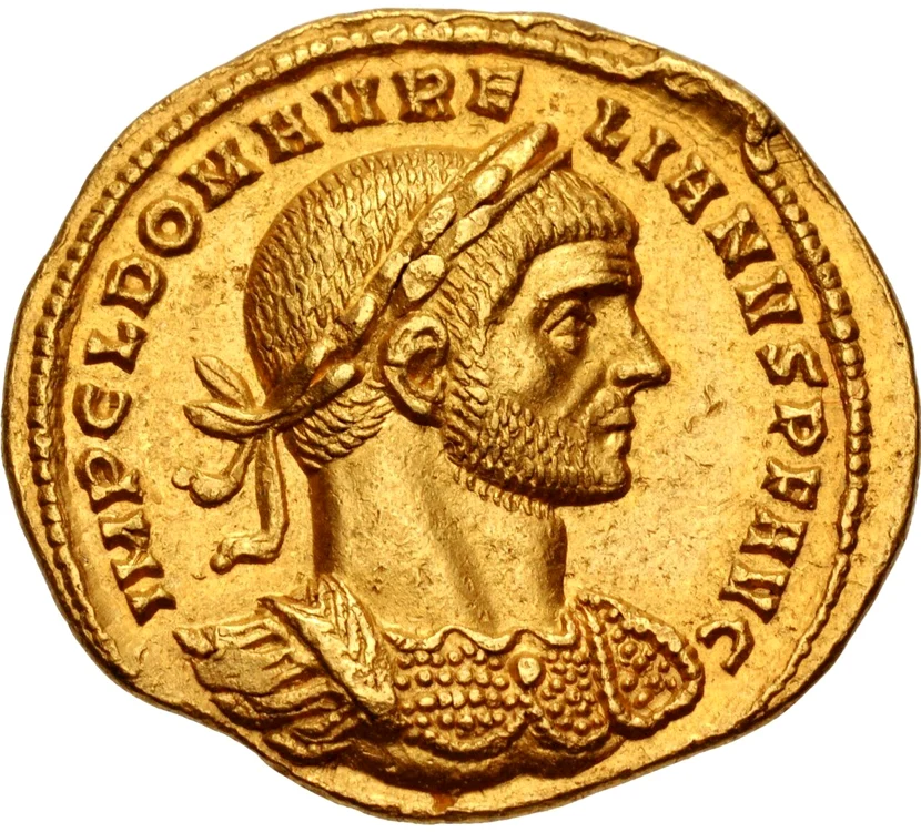 Monedă de aur (aureus) a lui Aurelian bătută la Mediolanum, actualul oraș Milano