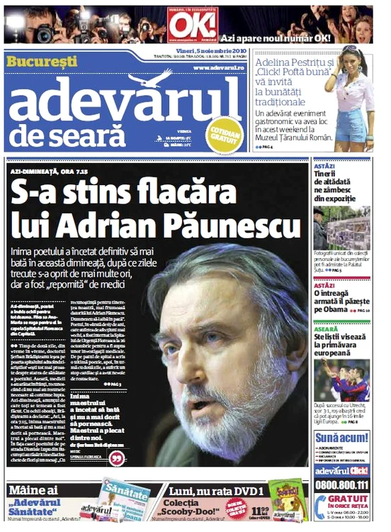 Pagina întâi a "Adevărului de Seară"