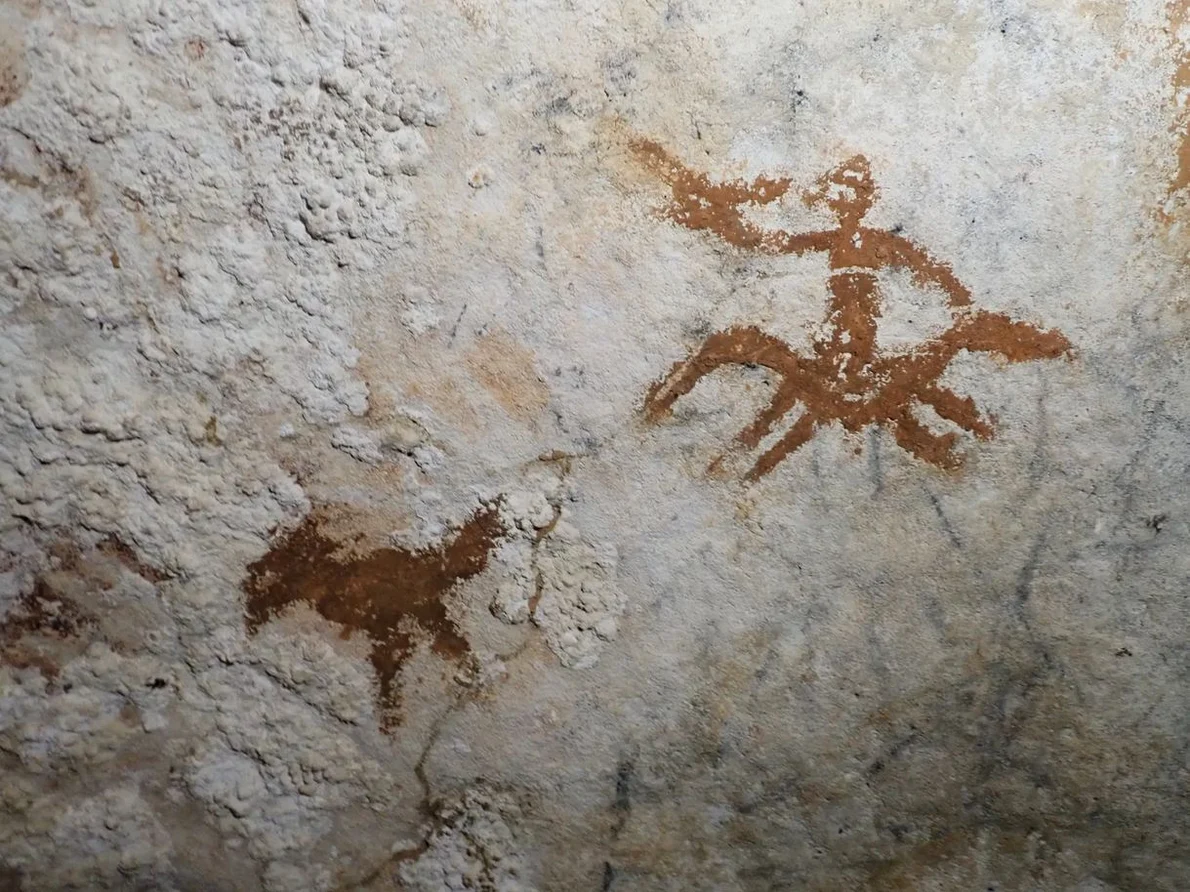 Conturul unei amprente de mână (deasupra figurii păsării întunecate) din peștera Liang Metanduno din Sulawesi este cea mai veche artă rupestră cunoscută din lume (© Maxime Aubert)