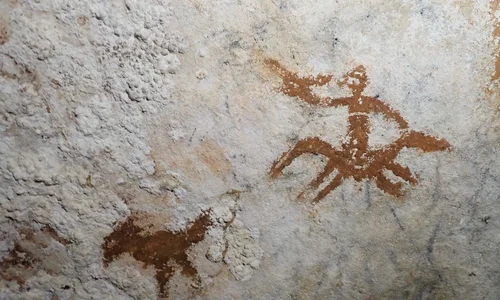 Conturul unei amprente de mână (deasupra figurii păsării întunecate) din peștera Liang Metanduno din Sulawesi este cea mai veche artă rupestră cunoscută din lume (© Maxime Aubert)