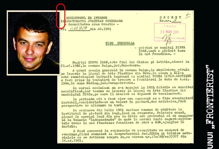 John Pârva, în notele Miliției, 1982. Arhiva personală.