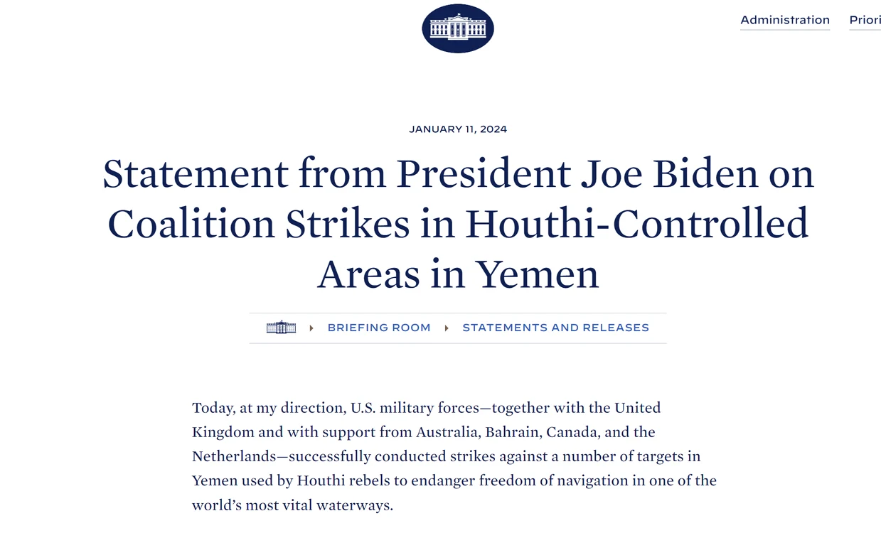 Comunicatul Casei Albe cu privire la atacurile aliaților asupra Yemenului. Foto credit: The White Ho
