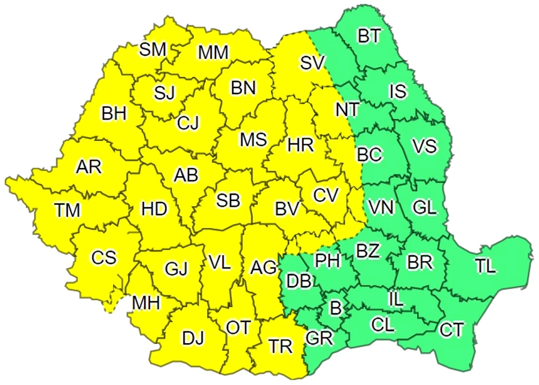 Harta meteo, emisă de Administrația Națională de Meteorologie