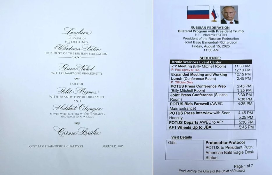 Care ar fi fost meniul prânzului anulat de la întâlnirea lui Trump cu Putin. Documente secrete ale summitului, uitate la hotelul din Alaska