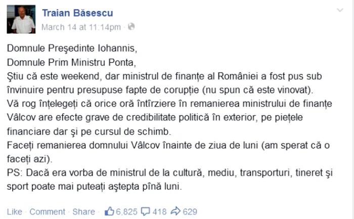postare facebook basescu