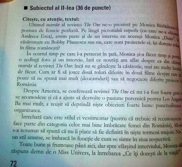 Aşa sună textul propus pentru Evaluarea Naţională 2015 în care apare numele actriţei