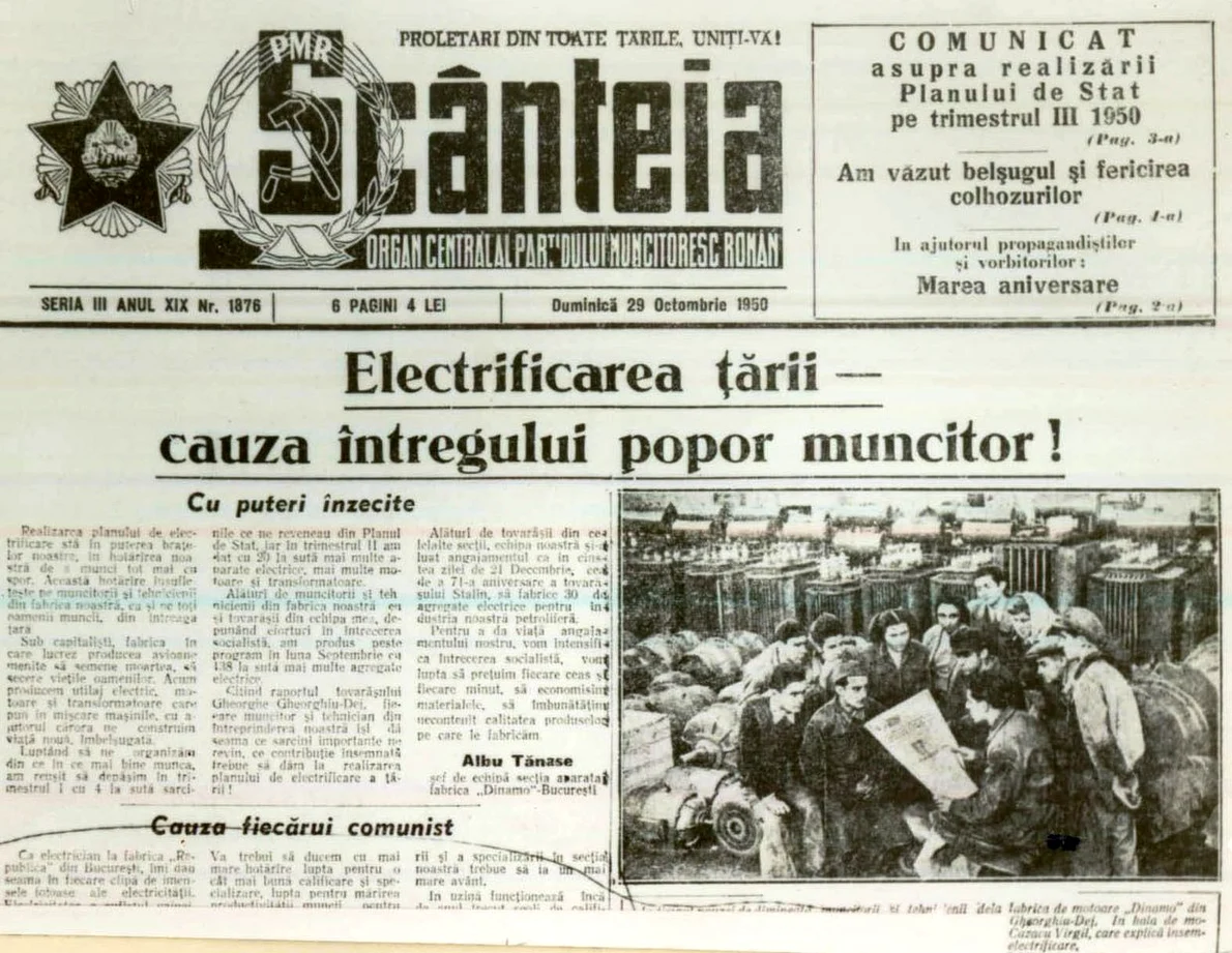 Prima pagină a ziarului „Scînteia” din 29 octombrie 1950 (© „Fototeca online a comunismului românesc”, cota: 179/1950)