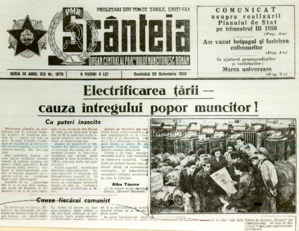 Prima pagină a ziarului „Scînteia” din 29 octombrie 1950 (© „Fototeca online a comunismului românesc”, cota: 179/1950)