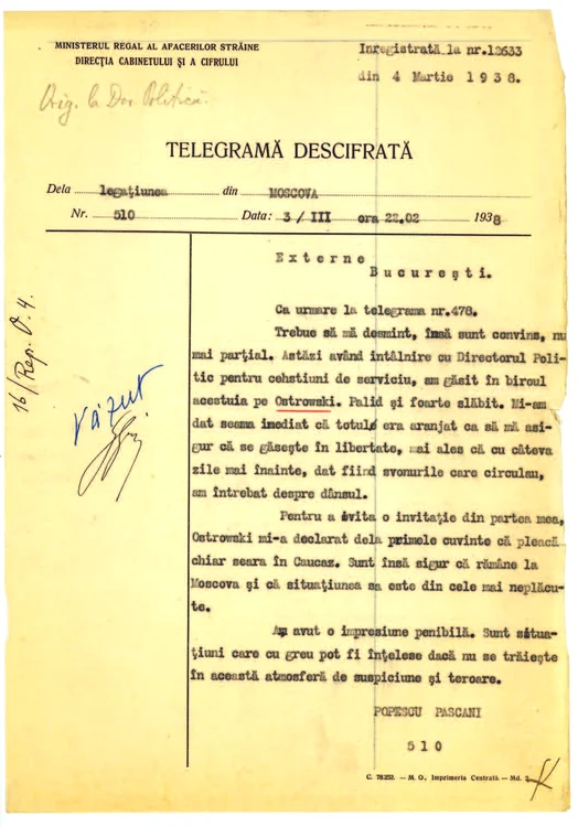 3 martie 1938: telegrama secretă de la Legaţiunea României din Moscova,  semnată de Popescu Pascani,  prin care se confirma Ministerului Regal al Afacerilor Străine că Mihail Ostrovski a fost arestat