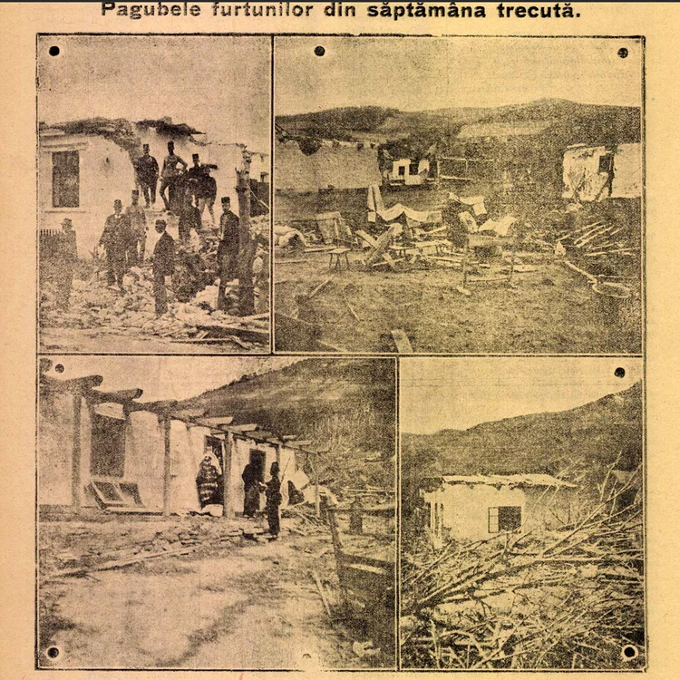 Imagini cu daunele produse de “tornada din Brețcu”. Sursă: Meteomania/captură din ziarele vremii
