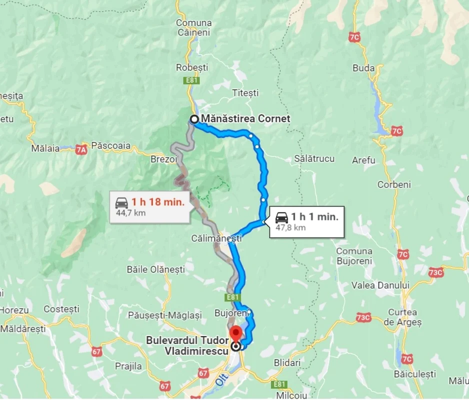 Alternativa la Valea Oltului - DN7 - în judeţul Vâlcea pe hartă Foto Google Maps
