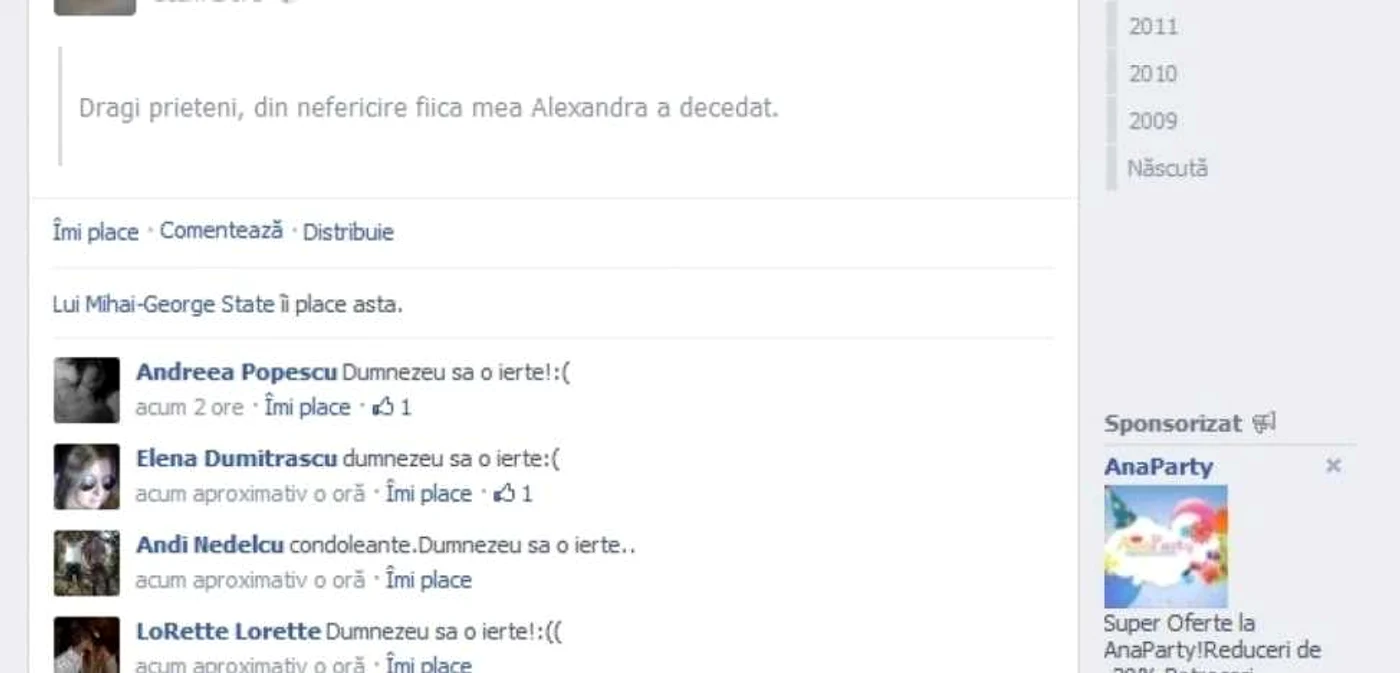Părinţii Alexandrei au postat un mesaj plin de durere pe contul de Facebook al fetei