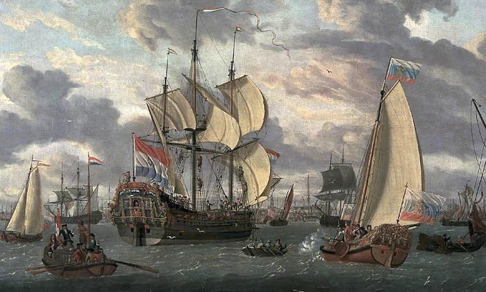 Țarul Petru cel Mare se îndreaptă spre fregata „Petru și Pavel”, nou construită (© Amsterdam Museum)