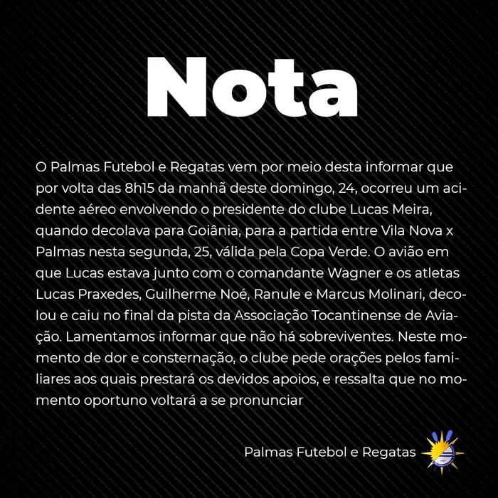 
    Clubul brazilian de fotbal Palmas FR este în doliuFoto: Facebook / Palmas FR  