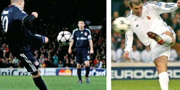 Execuţia lui Robben (în stânga) a amintit de o altă reuşită fabuloasă, cea a lui Zidane din finala cu Bayer Leverkusen   