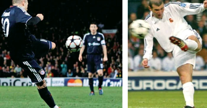 Execuţia lui Robben (în stânga) a amintit de o altă reuşită fabuloasă, cea a lui Zidane din finala cu Bayer Leverkusen