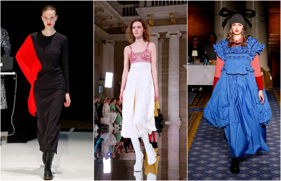 Rochie neagră, cu accent roşu, de la Chalayan, cizme cu platformă şi rochie peste pulover