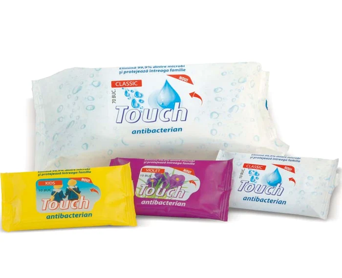 
    Servetele umede antibacteriene Touch sunt disponibile in pachet de 10 buc (Classic, Violet si Kidz) si in varianta de 70 buc (Classic).  