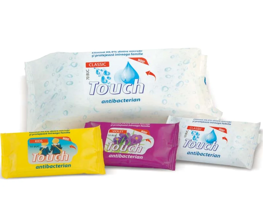 
    Servetele umede antibacteriene Touch sunt disponibile in pachet de 10 buc (Classic, Violet si Kidz) si in varianta de 70 buc (Classic).  