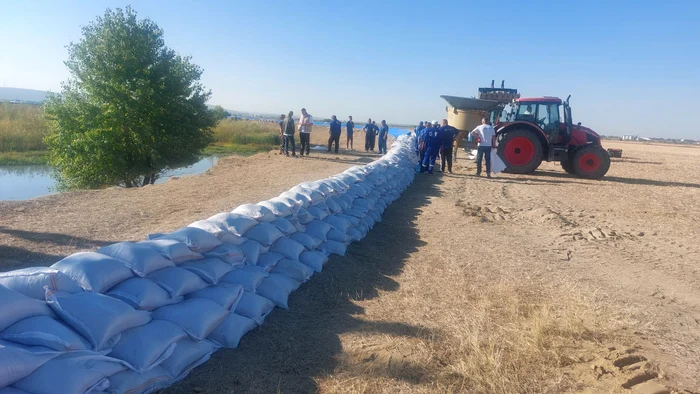 La Islaz, la vărsarea Oltului în Dunăre, se pregătește un dig din saci de nisip FOTO: Adevărul