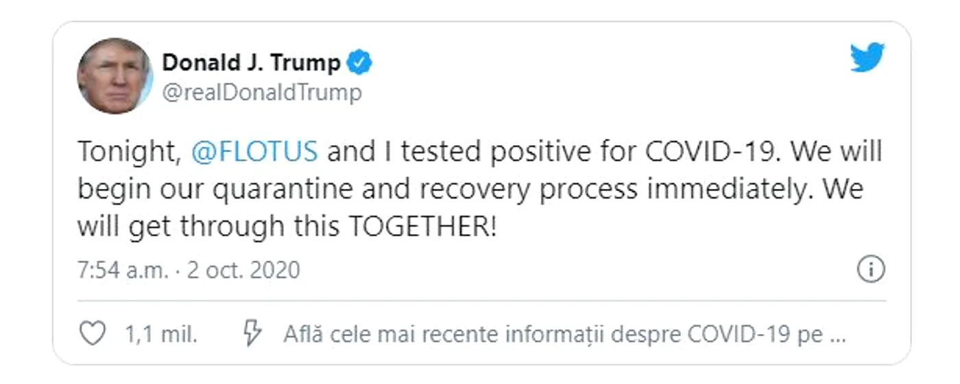 În mesajul său de pe Twitter, Donald Trump este optimist și spune că va sta izolat alături de soția lui