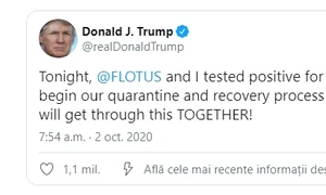 În mesajul său de pe Twitter, Donald Trump este optimist și spune că va sta izolat alături de soția lui jpeg