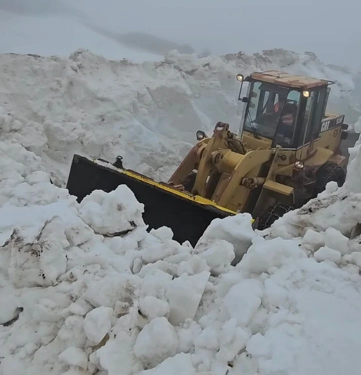 Buldozerul înaintează cu greu prin munții de zăpadă de pe Transfăgărășan Foto: DRDP Brașov