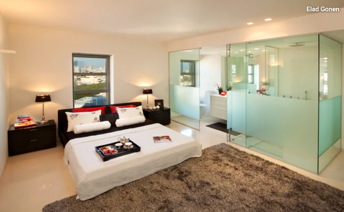 Unele hoteluri extravagante au băi cu pereți de sticlă. FOTO: Houzz.com