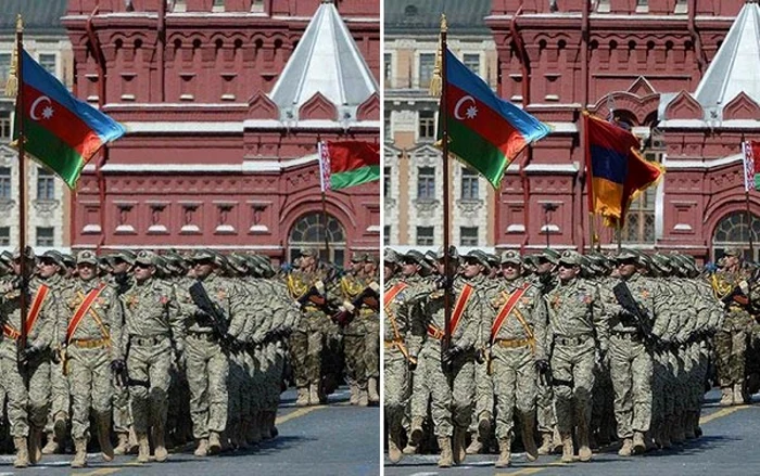 La stânga este poza trucată, postată pe site-ul ministerului Apărării din Azerbaidjan, iar la dreapta cea originală cu drapelele ambelor ţări FOTO:bbc.com