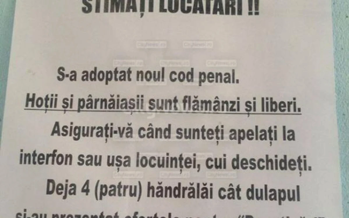 
    Anunţul a fost postat la intrarea într-un bloc. Foto: citynews.ro  