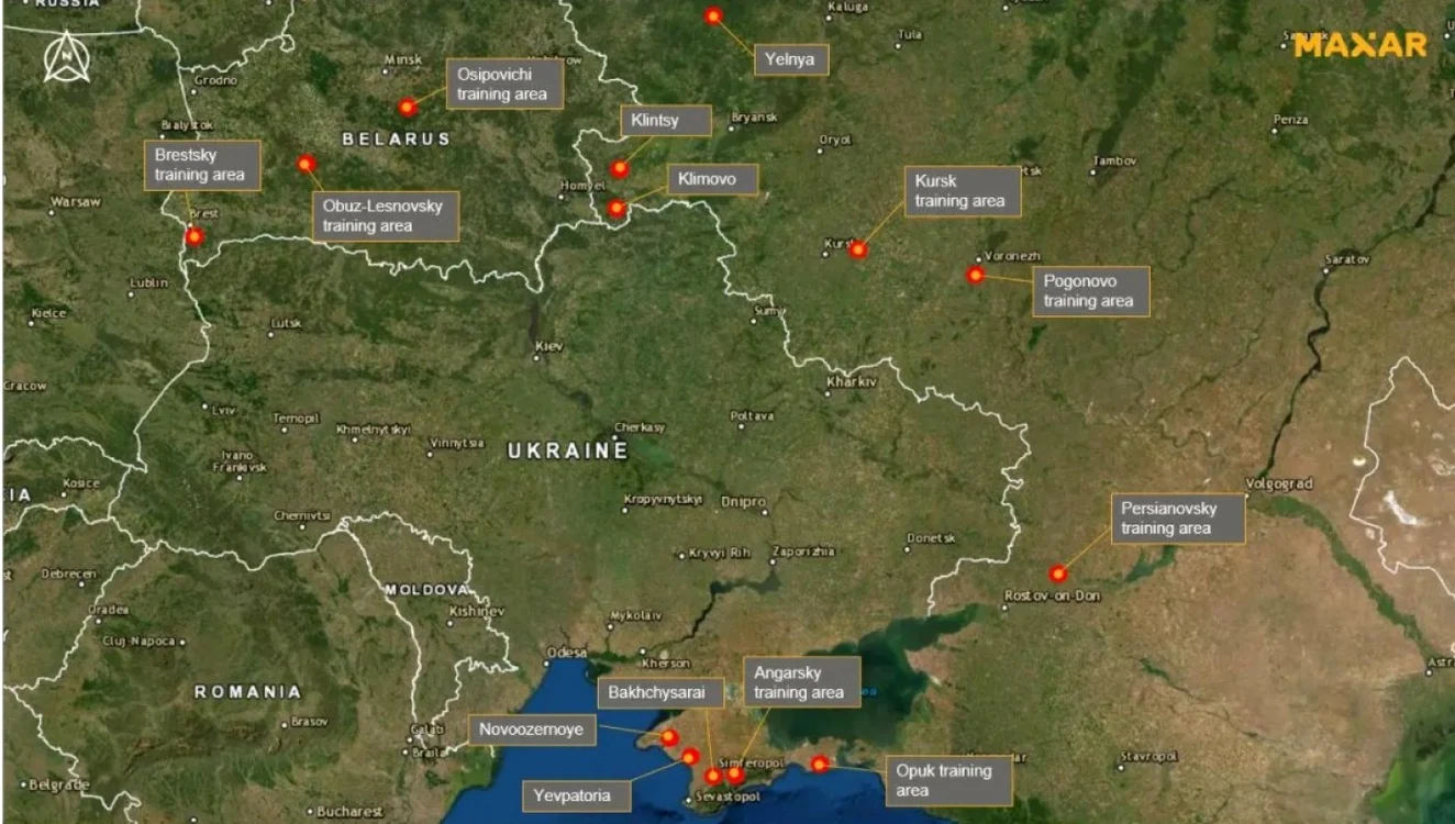 Harta locaţiilor din jurul Ucrainei unde Rusia şi-a poziţionat forţele - foto maxar technologies