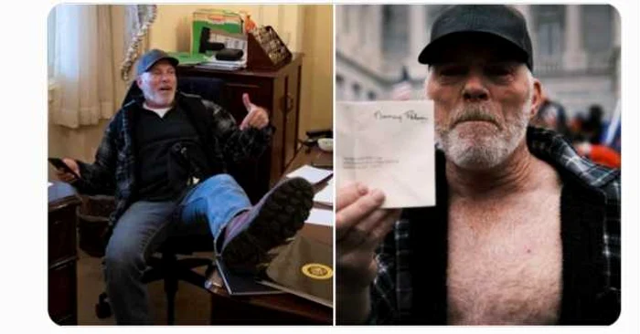 Manifestant pro-Trump cu picioarele pe biroul lui Nancy Pelosi FOTO Twitter @KaylaBrantley