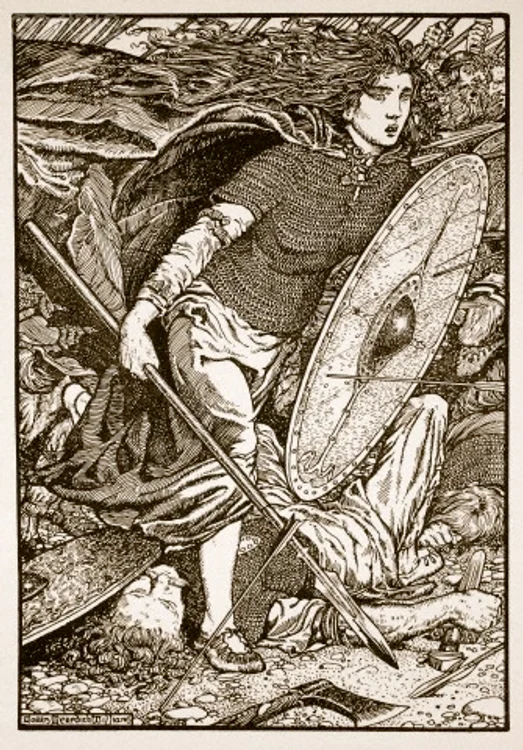 Războinica Ladgerda, una dintre soțiile lui Ragnar, comandând trupe în luptă (litografie din 1913)
