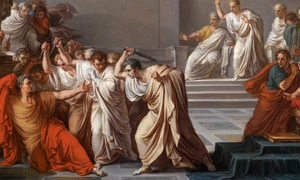 Gaius Cassius Longinus (în centrul imaginii), pictat de Vincenzo Camuccini în tabloul „Moartea lui Cezar” (© Wikimedia Commons)