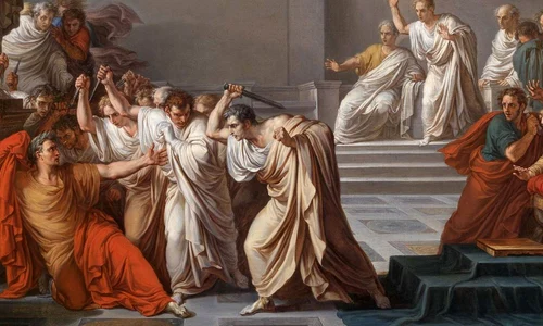 Gaius Cassius Longinus (în centrul imaginii), pictat de Vincenzo Camuccini în tabloul „Moartea lui Cezar” (© Wikimedia Commons)