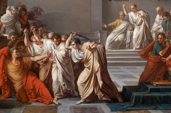 Gaius Cassius Longinus (în centrul imaginii), pictat de Vincenzo Camuccini în tabloul „Moartea lui Cezar” (© Wikimedia Commons)