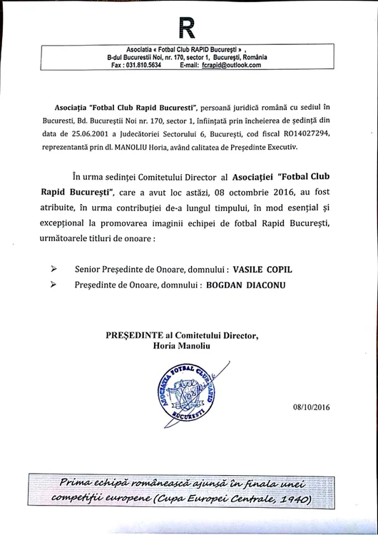 Actul de numire al lui Bogdan Diaconu și al lui Vasile Copil, fost jucător al Rapidului în perioada 1956-1962